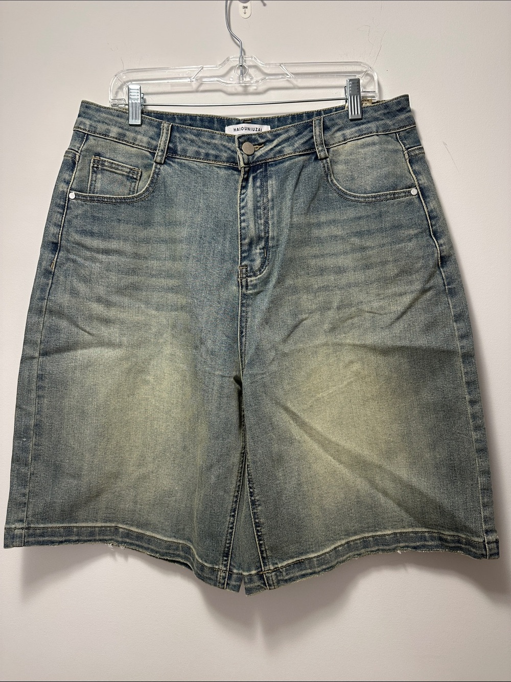 Vintage Wash Denim High Rise Bermuda Shorts in Faded Blue Stretch Denim